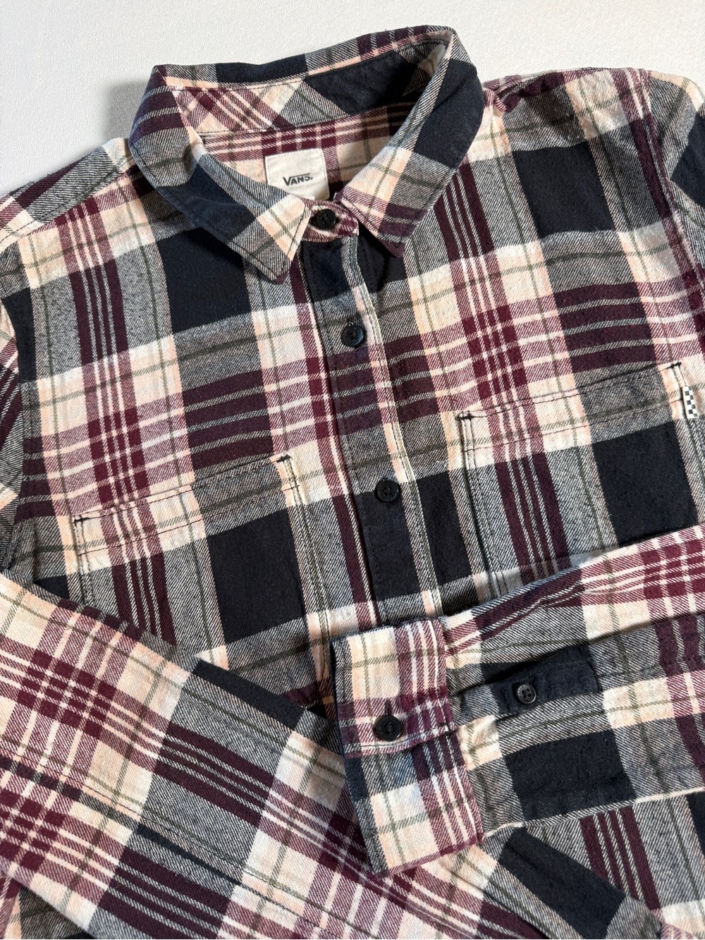 Vans Off the Wall Women’s Plaid Button-Down Shirt - Black, Burgundy, Cream